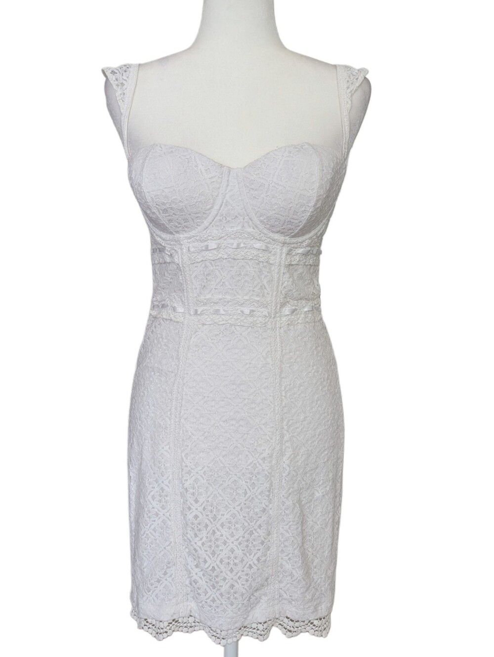 Guess Womens White Y2k Lace Bustier Chemise Bodycon Babydoll Mini Dress Size 8